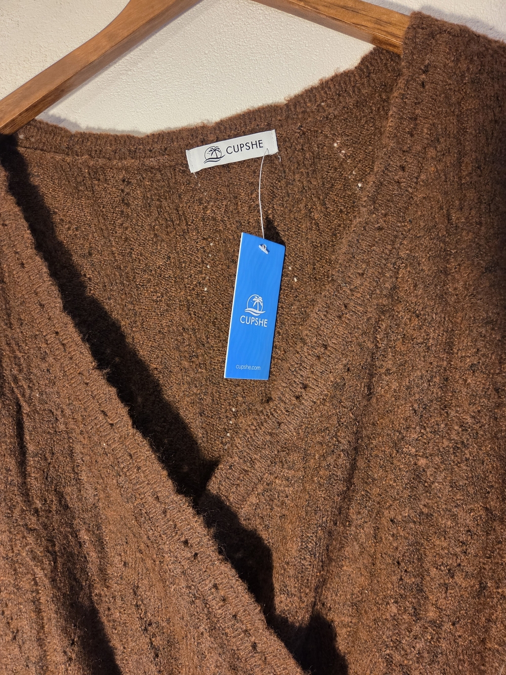 Cupshe Brown Wrap Sweater Women's Large Fuzzy Soft Knit V-Neck Top - Picture 3 of 4